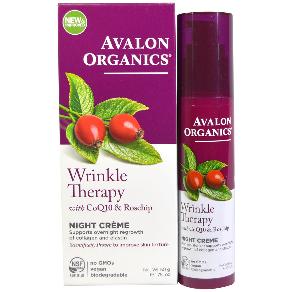 Avalon s, Terapia de arrugas, con CoQ10 y rosa mosqueta, crema de noche, 50 g (1,75 oz)