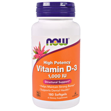 Now Foods, vitamina D-3, 1000 UI, 180 cápsulas blandas