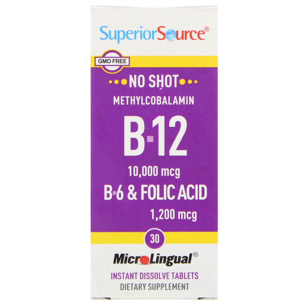 Superior Source, Metilcobalamina B-12 10.000 mcg, B-6 e ácido fólico 1.200 mcg, 30 comprimidos de dissolução instantânea MicroLingual