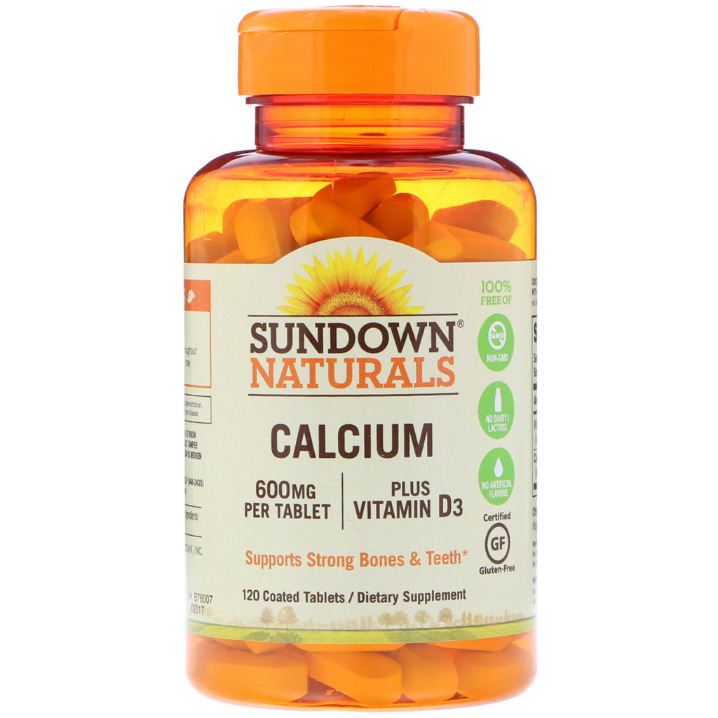 Sundown Naturals, calcium, plus vitamine D3, 600 mg, 120 omhulde tabletten