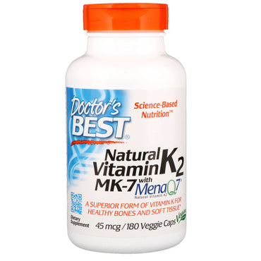 Doctor's Best, Vitamine K2 naturelle MK-7 avec MenaQ7, 45 mcg, 180 gélules végétariennes