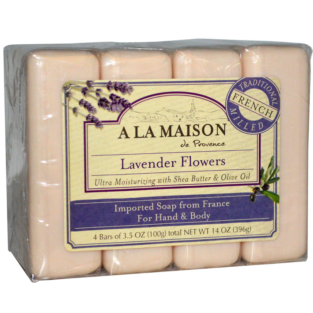 A La Maison de Provence, hand- en lichaamszeep, lavendelbloemen, 4 repen, elk 3,5 oz (100 g)