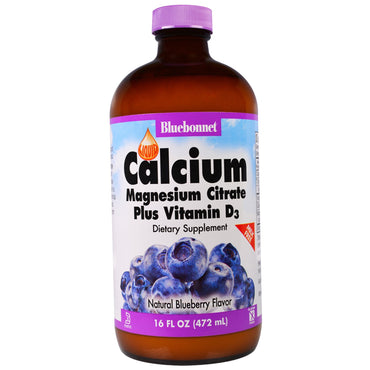 Bluebonnet Nutrition, vloeibaar calciummagnesiumcitraat plus vitamine D3, natuurlijke bosbessensmaak, 16 fl oz (472 ml)