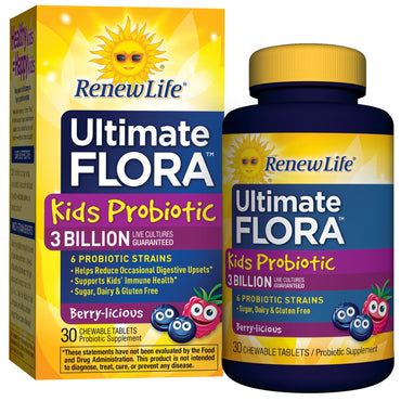 Renew Life, Kids Probiotic, Ultimate Flora, Berry-licious, 3 mil millones de cultivos vivos, 30 tabletas masticables