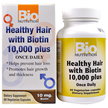 Bio Nutrition, 비오틴 10,000 플러스 함유 건강한 모발, 식물성 캡슐 60정