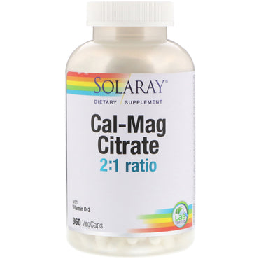Solaray, cytrynian cal-mag w proporcji 2:1, 360 kapsułek warzywnych