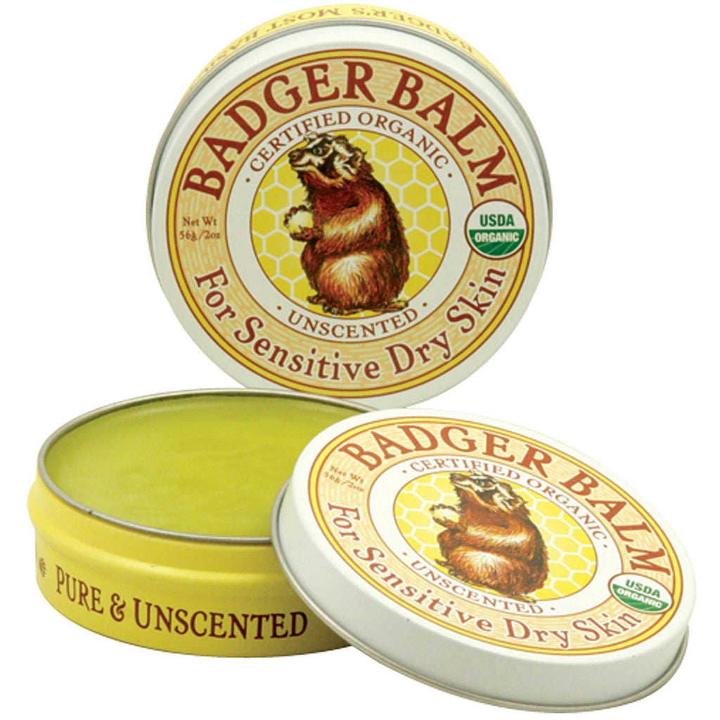 Badger Company, Badger Balm, สำหรับผิวแห้งบอบบาง, ไม่มีกลิ่น, 2 ออนซ์ (56 g)