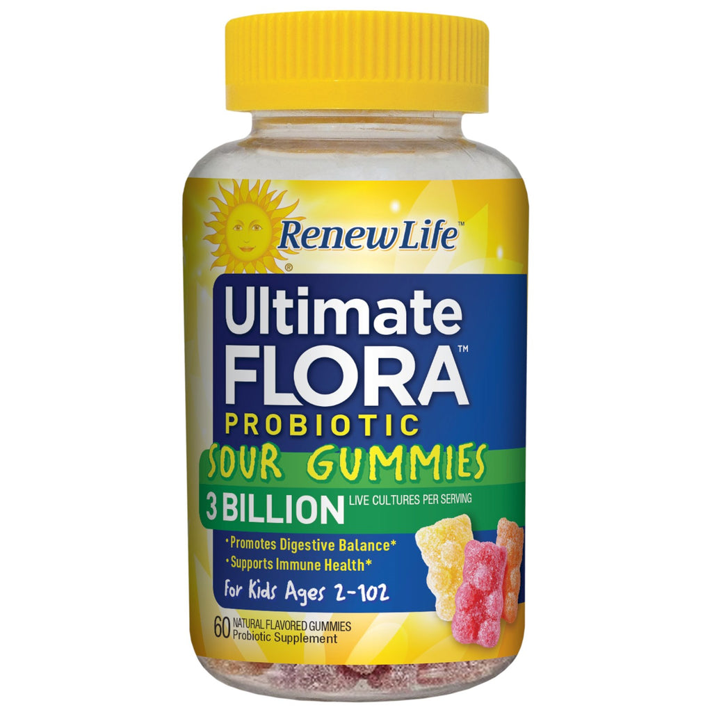 Renew Life, Ultimate Flora Probiotic Sour Gummies, 3 milliards de cultures vivantes, 60 Gummies