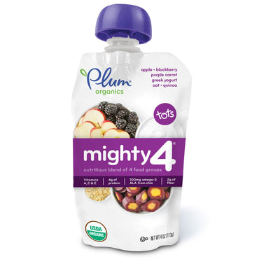 Plum s Tots Mighty 4 Mélange nutritif de 4 groupes alimentaires Pomme Mûre Carotte violette Yogourt grec Avoine et quinoa 4 oz (113 g)