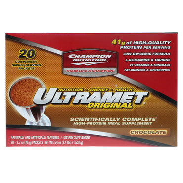 Champion Nutrition, Ultramet Original, eiwitrijk maaltijdsupplement, chocolade, 20 pakjes, elk 2,7 oz (76 g)