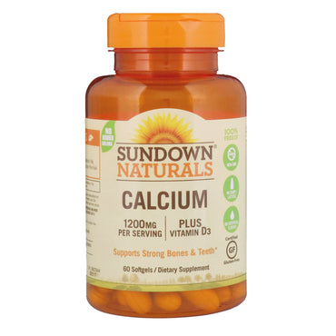 Sundown Naturals, calcio, más vitamina D3, 1200 mg, 60 cápsulas blandas