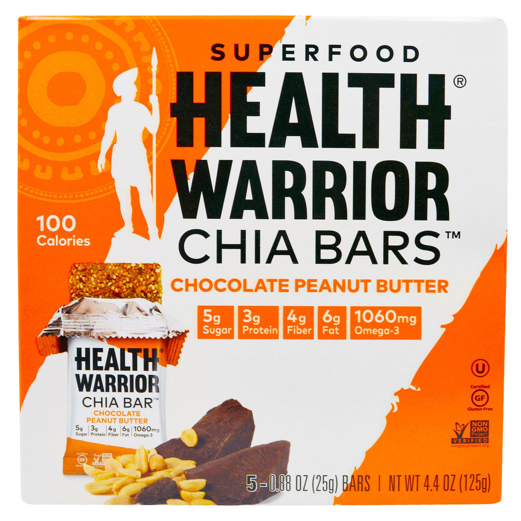 Health Warrior, Inc., Superfood Chia Bars, mantequilla de maní con chocolate, 5 barras, 0,88 oz (25 g) cada una