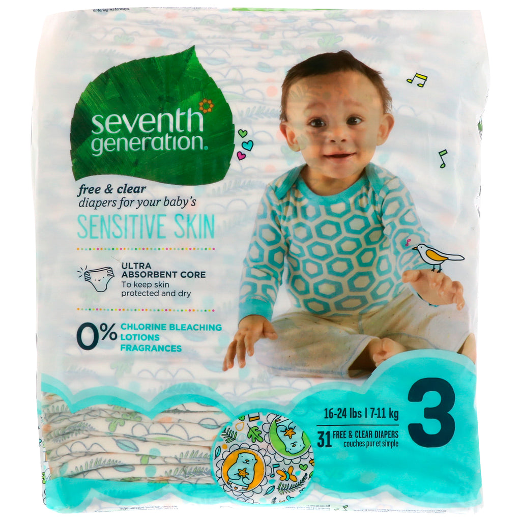 Seventh Generation, Baby, Free & Clear Diapers, Size 3, 16-24 lbs (7-11 kg), 31 Diapers
