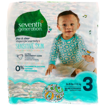 Seventh Generation, Baby, Free & Clear Pañales, Talla 3, 16-24 lb (7-11 kg), 31 pañales