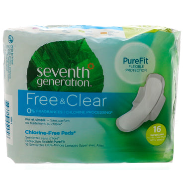 Seventh Generation, Free & Clear, Ultra-Thin Pads with Wings, Super Long, 16 Pads