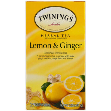 Twinings, ハーブティー、レモン & ジンジャー、カフェインフリー、ティーバッグ 25 袋、1.32 オンス (37.5 g)