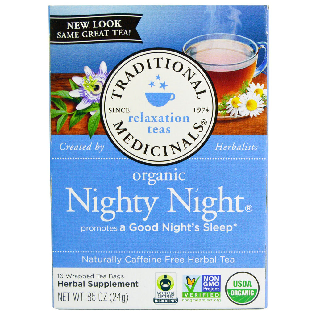 Traditional Medicinals, Tés relajantes, Noche nocturna, Té de hierbas naturalmente libre de cafeína, 16 bolsitas de té envueltas, 0,85 oz (24 g)
