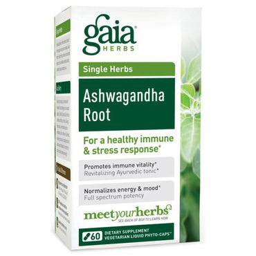 Hierbas Gaia, hierbas individuales, raíz de ashwagandha, 60 fitocápsulas líquidas vegetales