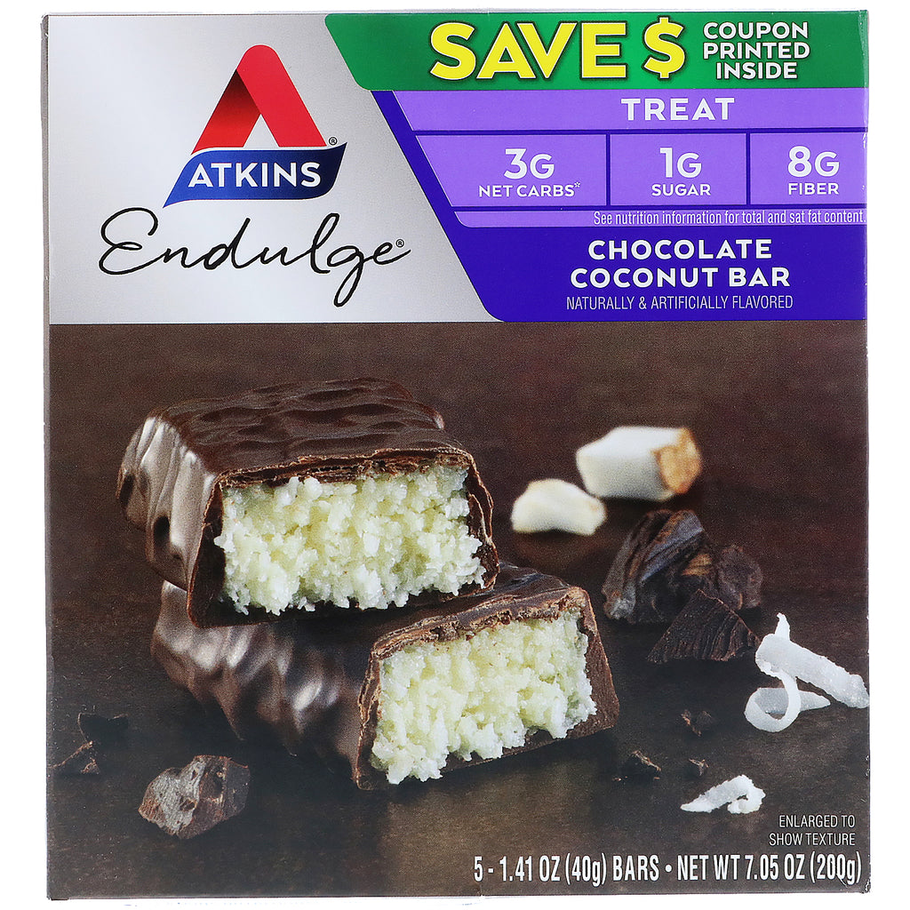 Atkins, Endulge, ช็อกโกแลตโคโคนัทบาร์, 5 แท่ง, 1.41 ออนซ์ (40 กรัม) ต่ออัน