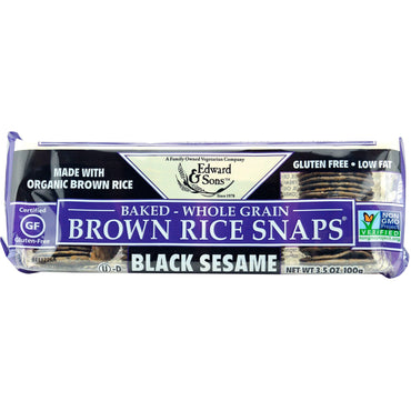 Edward & Sons, Snaps de riz brun à grains entiers cuits au four, sésame noir, 3,5 oz (100 g)
