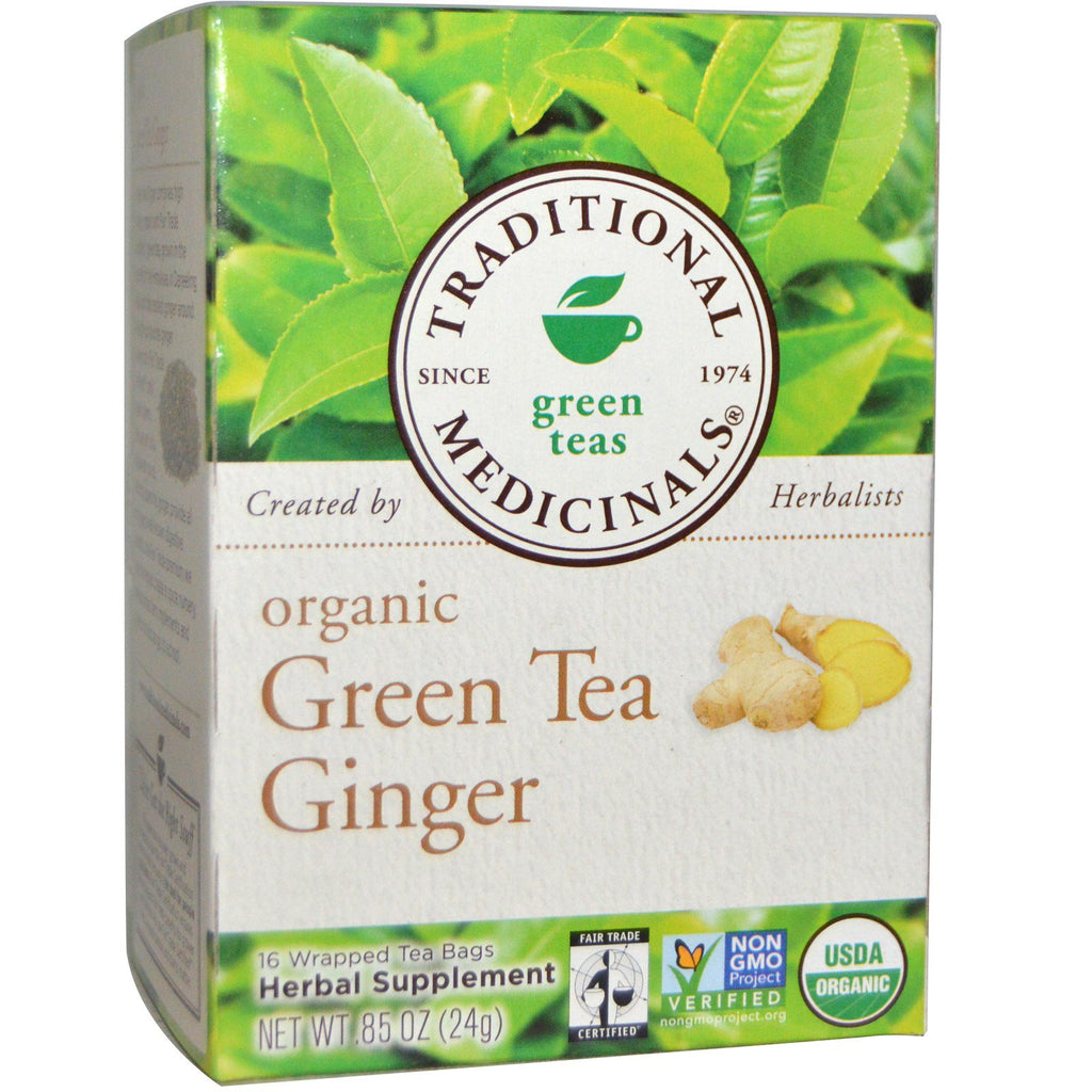 Traditionella läkemedel, gröna teer, grönt te ingefära, 16 inslagna tepåsar, 0,85 oz (24 g)