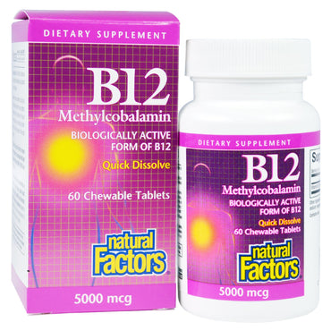Natural Factors, B12, Metilcobalamina, 5.000 mcg, 60 comprimidos mastigáveis