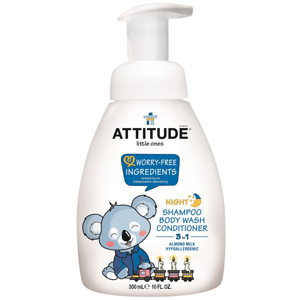 ATTITUDE, Little Ones, 3-in-1-Shampoo, Duschgel, Spülung, Nacht, Mandelmilch, 10 fl oz (300 ml)