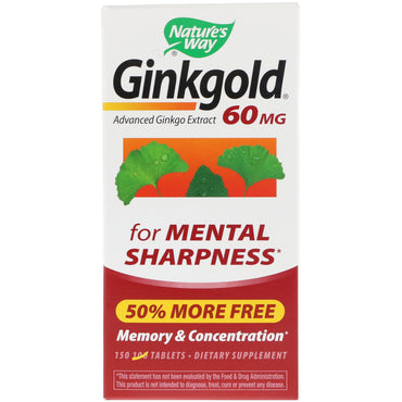 Nature's Way, Ginkgold, minne og konsentrasjon, 60 mg, 150 tabletter