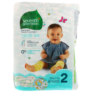 Seventh Generation, Baby, Free & Clear Pañales, Talla 2, 12-18 libras (5-8 kg), 36 pañales