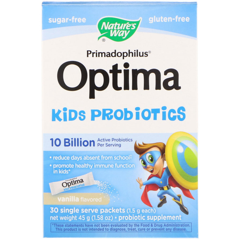 Nature's Way, Primadophilus Optima Kids Probiotics, Vanilla Flavored, 30 Single Serve Packets, 1.5 g Each