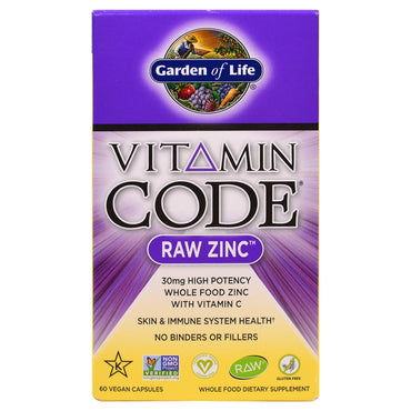 Garden of Life, Código de vitaminas, zinc crudo, 60 cápsulas vegetales
