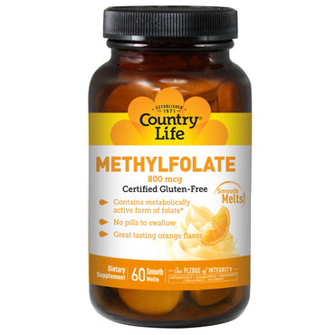 Country Life, methylfolaat, sinaasappelsmaak, 800 mcg, 60 Smooth Melts