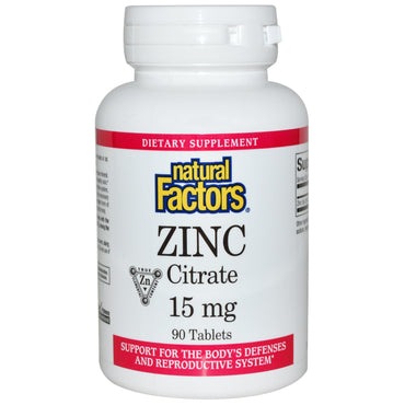 Naturlige faktorer, zinkcitrat, 15 mg, 90 tabletter