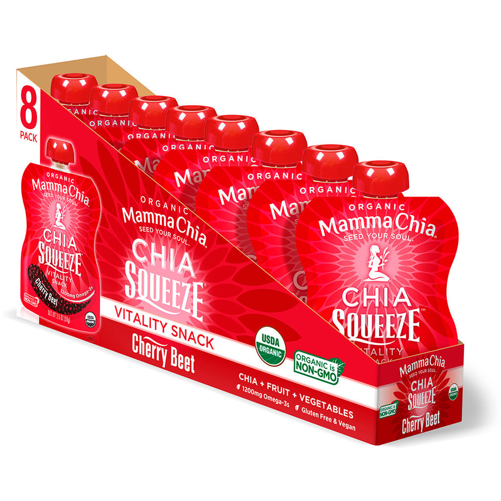 Mamma Chia, Chia Squeeze, Vitality Snack, Cherry Beet, 8 ซอง, 3.5 ออนซ์ (99 กรัม) ต่อชิ้น