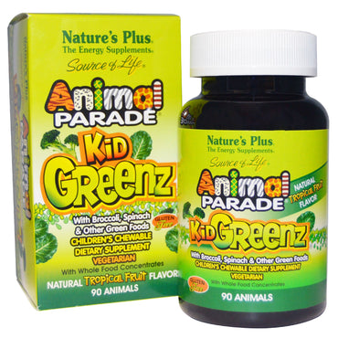 Nature's Plus, Source of Life، Animal Parade، Kid Greenz، نكهة الفاكهة الاستوائية الطبيعية، 90 حيوانًا