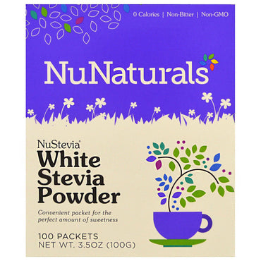 NuNaturals, NuStevia, pulbere de stevia albă, 100 pachete, 3,5 oz (100 g)