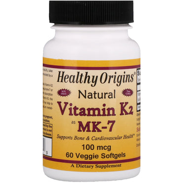 Healthy Origins, vitamina K2 como MK-7, natural, 100 mcg, 60 cápsulas blandas vegetales
