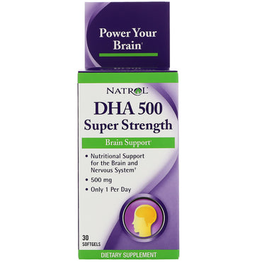 Natrol, DHA 500, súper fuerte, soporte cerebral, 500 mg, 30 cápsulas blandas