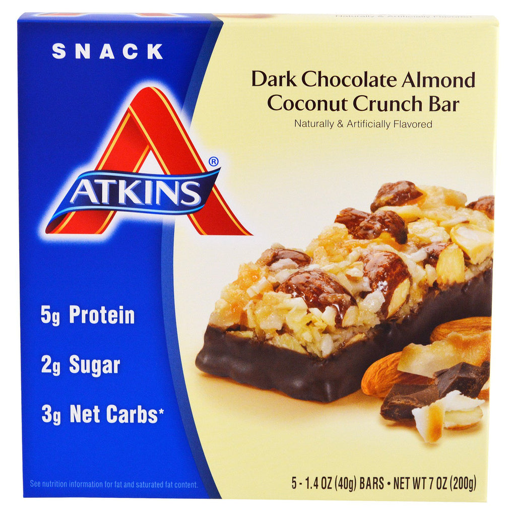 Atkins, mellanmål, mörk choklad mandel kokos crunch Bar, 5 barer, 1,4 oz (40 g) vardera