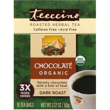 Teeccino,  Roasted Herbal Tea, Chocolate, Dark Roast, Caffeine Free, 10 Tea Bags, 2.12 oz (60 g)