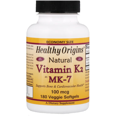 Sund oprindelse, Vitamin K2 som MK-7, Naturlig, 100 mcg, 180 Veggie Softgels