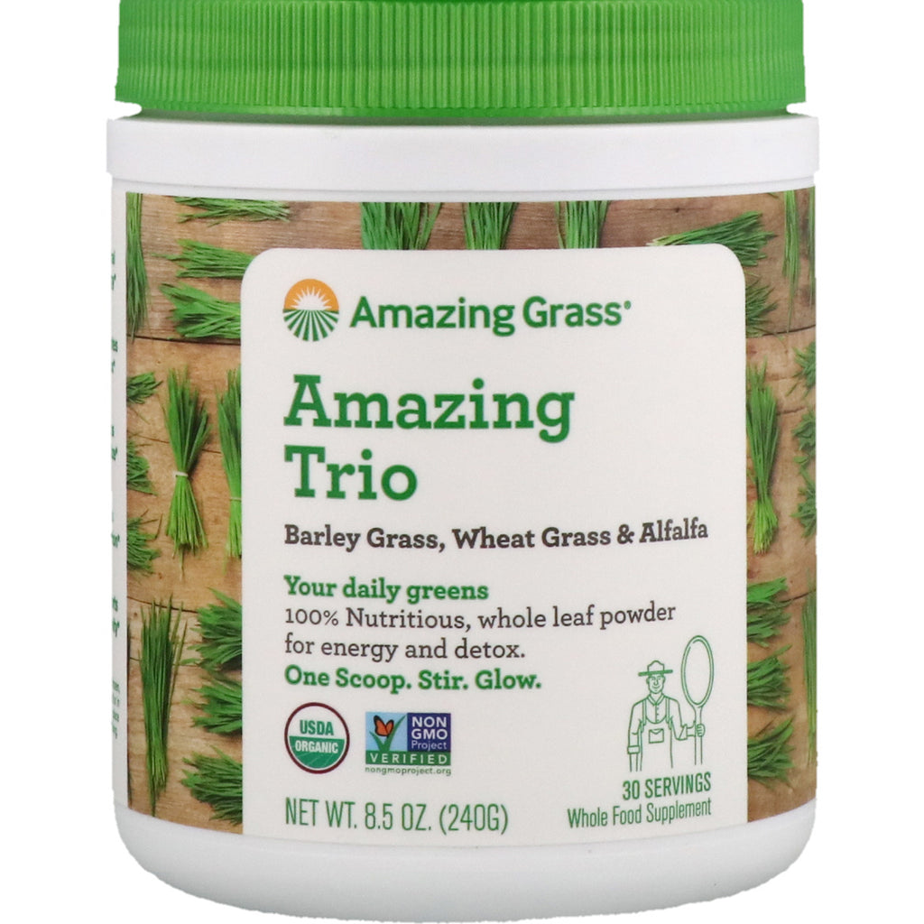 Amazing Grass, Amazing Trio, bygggress, hvetegress og alfalfa, 8,5 oz (240 g)