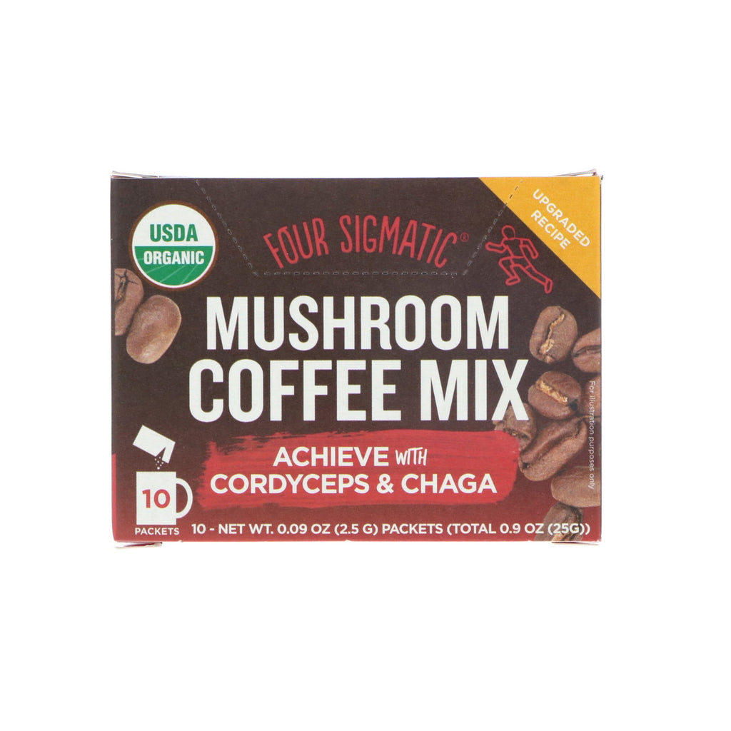 Four Sigmatic, Mushroom Coffee Mix, Rijk + Glad, 10 Pakketten, 0,09 oz (2,5 g) elk