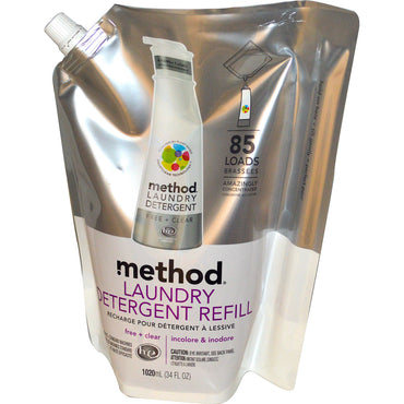 Method, Repuesto de detergente para ropa, 85 cargas, gratis + transparente, 34 fl oz (1020 ml)