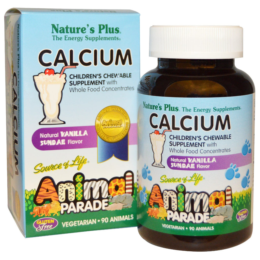 Nature's Plus, Bron van leven, Dierenparade, Calcium, Kauwsupplement voor kinderen, Natuurlijke vanille-ijscoupe-smaak, 90 dieren