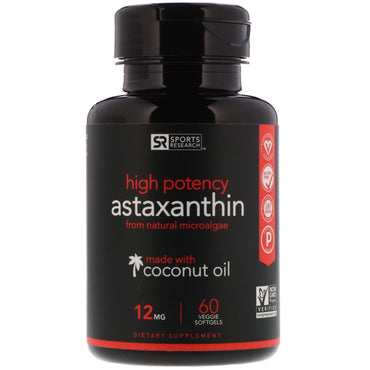 Sports Research, astaxantina con aceite de coco, 12 mg, 60 cápsulas blandas vegetales