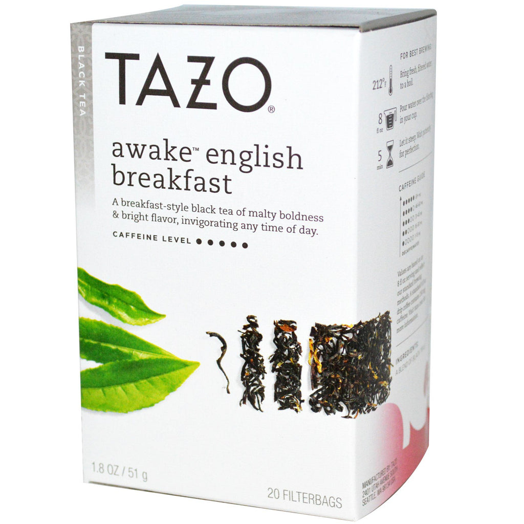 Ceaiuri Tazo, Mic dejun englezesc Awake, Ceai negru, 20 pungi filtrante, 1,8 oz (51 g)