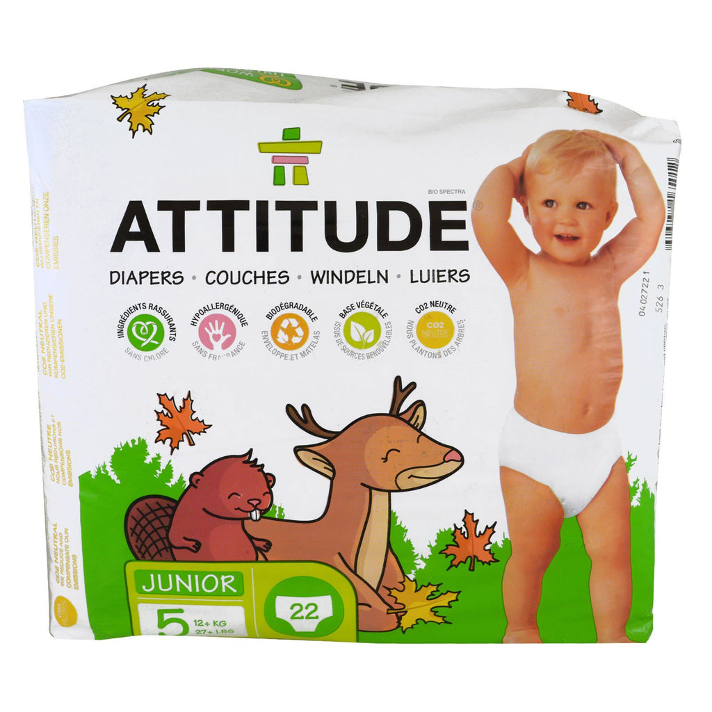 ATTITUDE, Diapers, Junior, Size 5, 27+ lbs (12+ kg), 22 Diapers