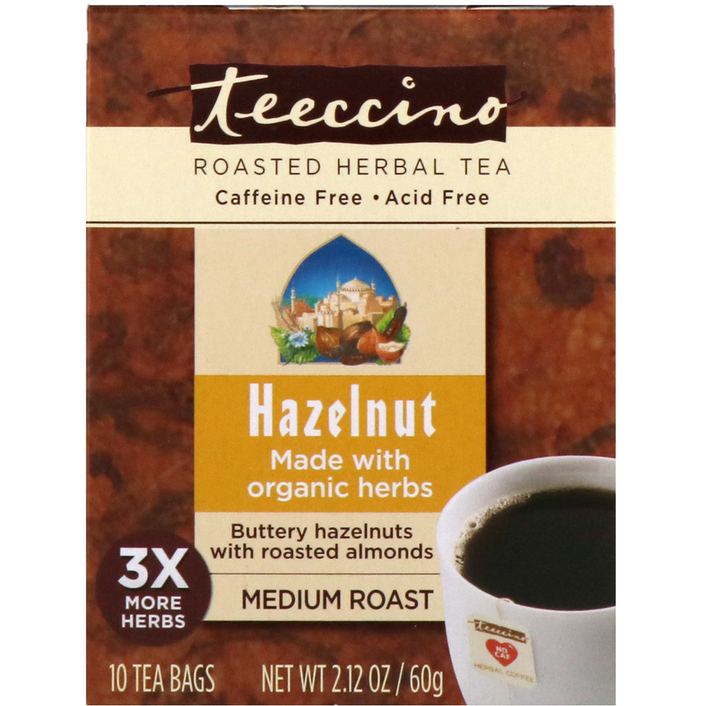 Teeccino, Roasted Herbal Tea, Medium Roast, Hazelnut, Caffeine Free, 10 Tea Bags, 2.12 oz (60 g)