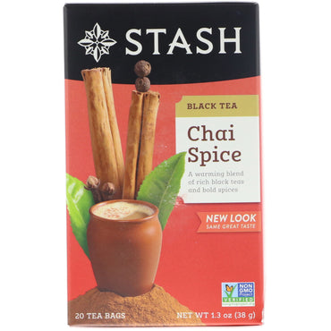 Stash Tea, svart te, Chai Spice, 20 tepåsar, 1,3 oz (38 g)